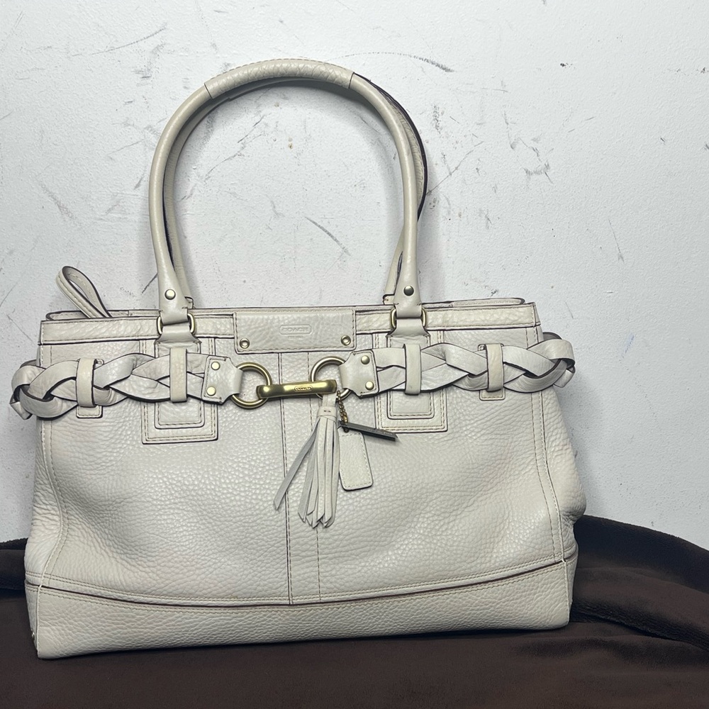 Rare Vintage Nwt Ecru Coach Hampton Pebbled Leather Braided Tassel Tote Bag
